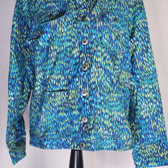 Attyre New York Blue Green Yellow Abstract Rayon Nylon Span Adj Waist Jacket XL - Picture 4 of 16
